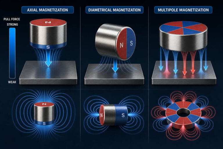 Dirección de magnetización y fuerza de tracción de los imanes de neodimio