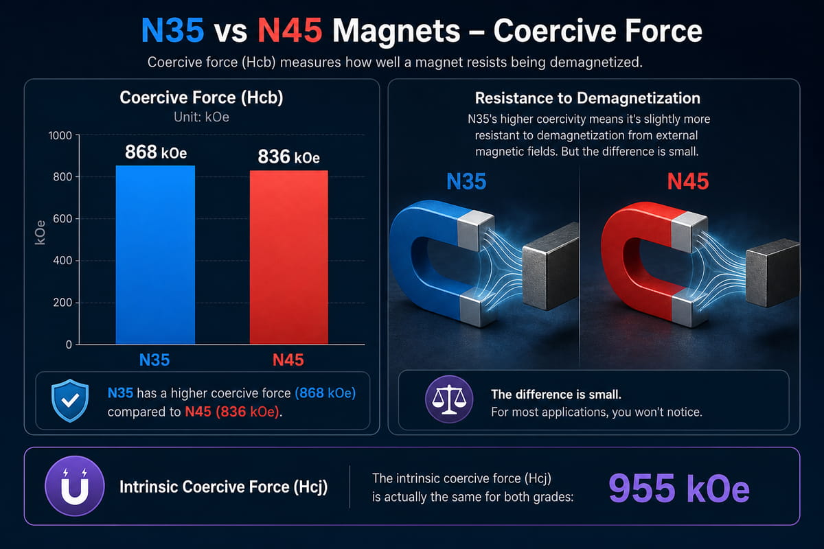 Imanes N35 frente a N45: fuerza coercitiva